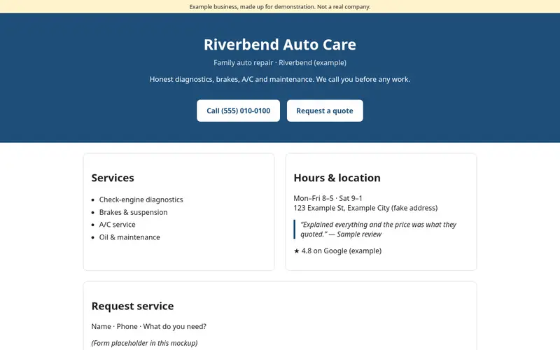 Screenshot of a sample one-page website for Riverbend Auto Care, a made-up auto repair business